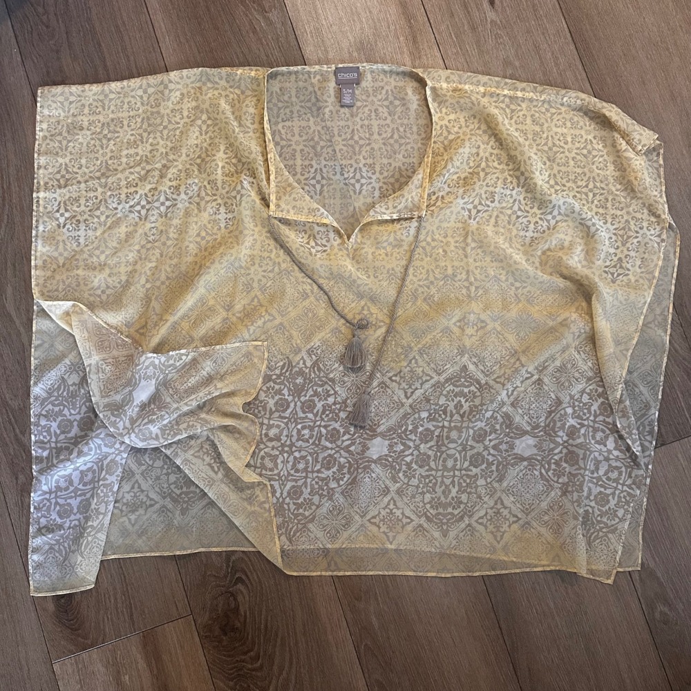 Chicos Sheer Medallion Kaftan Poncho Top Yellow Tassel Tie Boho Womens SM